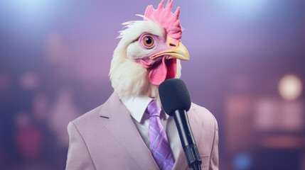 A chicken in a news anchors attire,  delivering the latest headlines