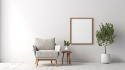 Interior poster mock up living room with armchair on empty white wall background,3D rendering