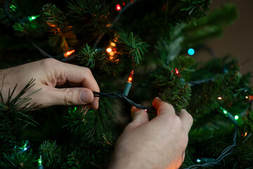 probando luces en el árbol de navidad