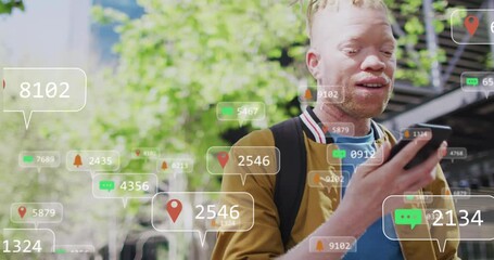 Animation of social media data processing over albino man using smartphone in city - Powered by Adobe