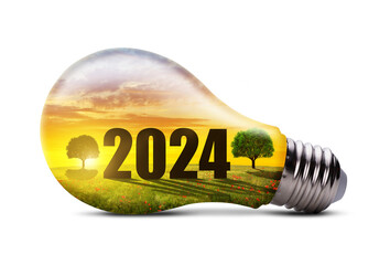 Eco LED light bulb with number 2024 isolated on a transparent background, PNG. Green energy or...