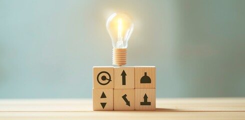 Creative idea, solution and innovation concept. Idea generation for business development. Wooden cube blocks with light bulb and cycle icons on clean background and copy space.