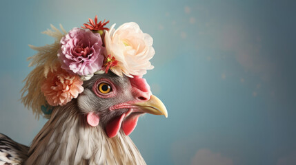 A chicken in a bohemian outfit with flowing fabrics and flower crown - obrazy, fototapety, plakaty