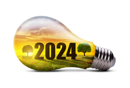 Eco LED light bulb with number 2024 isolated on a transparent background, PNG. Green energy or Happy New Year concept.