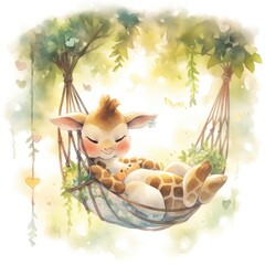 A sleepy baby giraffe in a hammock. watercolor illustration.