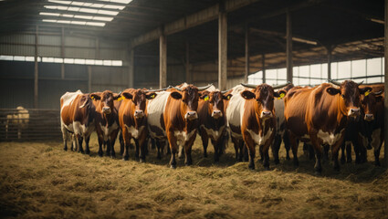 Group of cows at cowshed eating hay or fodder on dairy farm. - obrazy, fototapety, plakaty