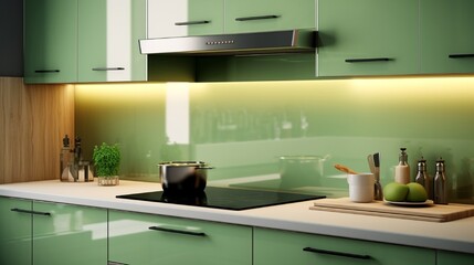 Kitchen in a modern style with a light worktop with sink, stove, oven, kitchen utensils. There are green boxes under the countertop. 3D rendering.