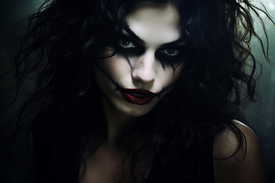 Beauty, fashion, make-up, Halloween concept. Beautiful brunette woman with joker makeup on her face looking at camera