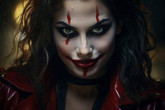 Beauty, fashion, make-up, Halloween concept. Beautiful brunette woman with joker makeup on her face looking at camera