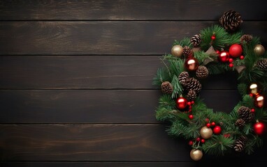 Fototapeta na wymiar Merry Christmas decorated wreath on a dark wooden background, copy space at the left. AI Generative