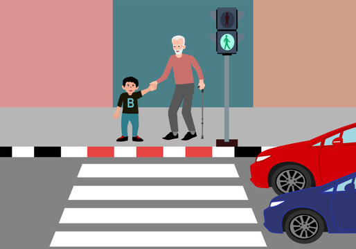 The Old Man Crossing The Road Bycross Walk By Kindly Kid When Sign The Walk Green Light. 