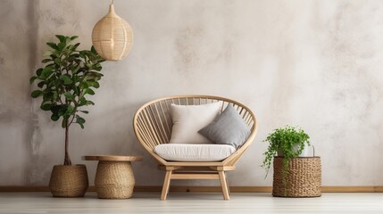 Loft interior with white cushion in wicked basket close to wooden chair and home decor on side table. Vertical shot of elegant living room with new furniture in bohemian style against copy space wall