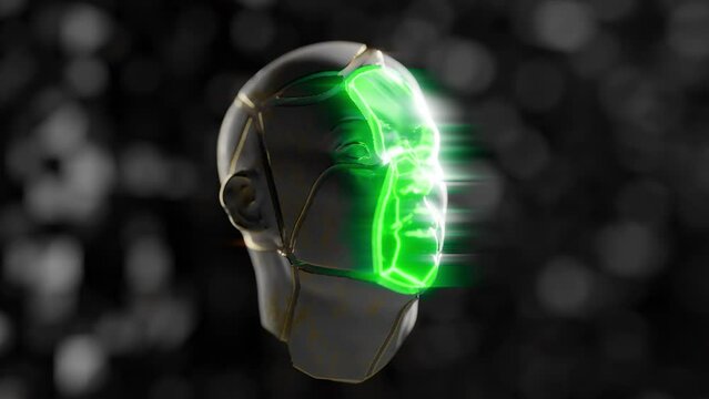 A broken human face in green neon lights in a 3D animation