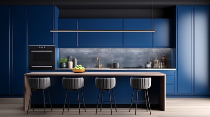 Modern dark blue kitchen and minimalist interior design.3d rendering