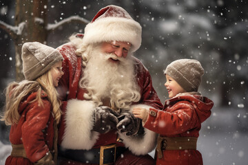 Santa Claus play with kids in the winter snow