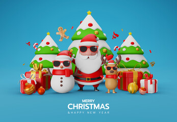 3d illustration Santa claus with the gang for xmas season celebration on blue background