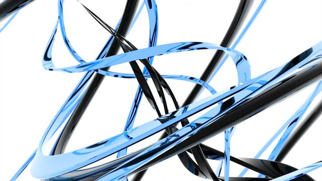Curving tangled strings on a white background. Design. Spiral 3D moving shape.