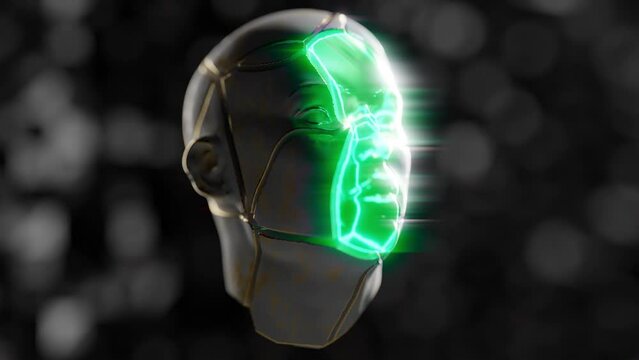 A broken human face in green in a 3D animation