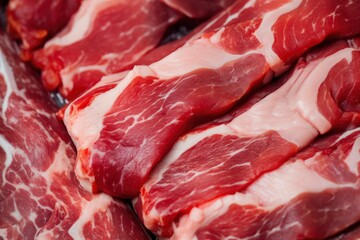 Macro shot of pork meat. Meat textured background. Beef steak is raw and juicy.