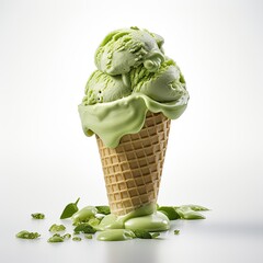 Matcha ice cream dessert on white background.