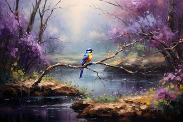 Vibrant oil painting showcasing a serene glade of purple flowers amidst a forest with beautiful Christmas trees and enchanting birds. Generative AI