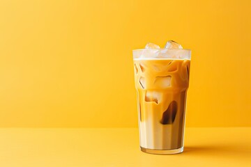 Iced Latte on yellow background. - obrazy, fototapety, plakaty