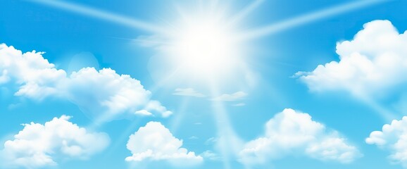 Sunny background, blue sky with white clouds and sun.