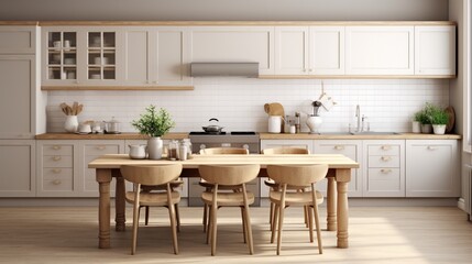 Fototapeta na wymiar Scandinavian classic kitchen with wooden and white details, minimalistic interior design 3d illustration