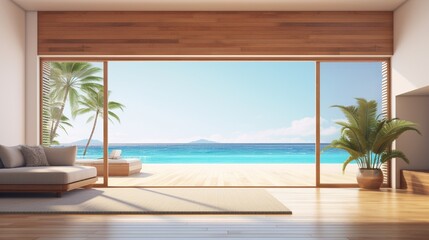 Sea view empty large living room of luxury summer beach house with swimming pool near wooden terrace. Big white wall background in vacation home or holiday villa. Hotel interior 3d illustration.