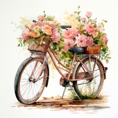 Fototapeta na wymiar Watercolor bicycle with flowers in the basket isolated on white background.