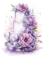 Watercolor wedding cake isolated on white background.