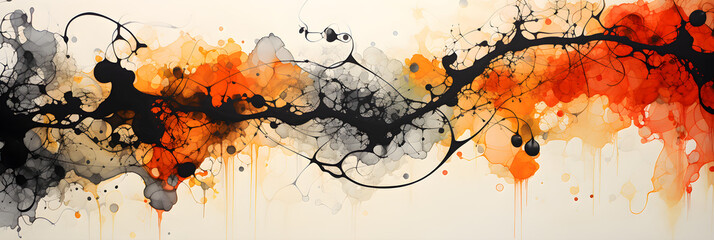 abstract black and orange ink splatter art background banner