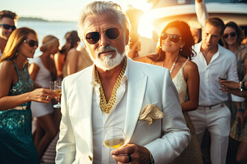 Wealthy senior man at luxury yacht party, billionaire summer cruise vacation, with beautiful girls - obrazy, fototapety, plakaty