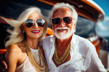 Wealthy senior man at luxury yacht party, billionaire summer cruise vacation, with beautiful girls