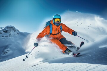 Skier Skiing On Mountain Slope.