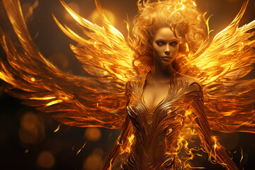 Fantasy concept. Beautiful golden phoenix woman humanoid portrait. Girl silhouette rises like Phoenix from ashes with flames and fire. Model with wings