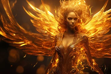 Fotobehang Fantasy concept. Beautiful golden phoenix woman humanoid portrait. Girl silhouette rises like Phoenix from ashes with flames and fire. Model with wings © Rytis
