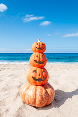 Four pumpkins on the beach - Halloween background - 664187728