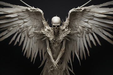 Fantasy, culture and religious concept. Spooky looking skeleton with angel wings portrait - obrazy, fototapety, plakaty