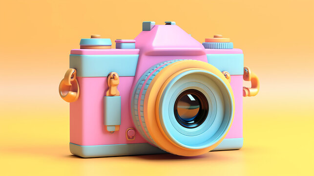 3D Rendering Colorful Pastel Camera on Pink Background