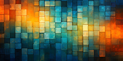 abstract colourful blue and orange mosaic art background banner - obrazy, fototapety, plakaty