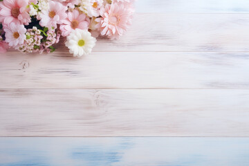Naklejka na ściany i meble International women day, mothers day concept. Top view of flowers blossoms on bright wooden background with copy space