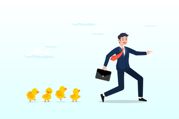Fototapeta na wymiar Confidence businessman leader pointing direction with following duckling, leadership to lead team to success direction, employees follow manager guidance, domination or motivate staffs (Vector)