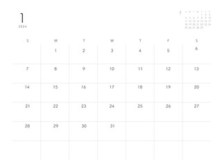  2024年1月January　シンプルカレンダー 祝日表記なし横型2月カレンダーあり - obrazy, fototapety, plakaty