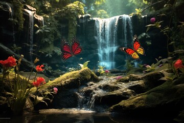 Insect & butterfly playing by waterfall with stunning detail. Generative AI