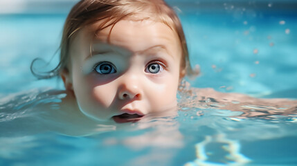 Fototapeta na wymiar Baby Girl Drowning in Pool Danger and Children