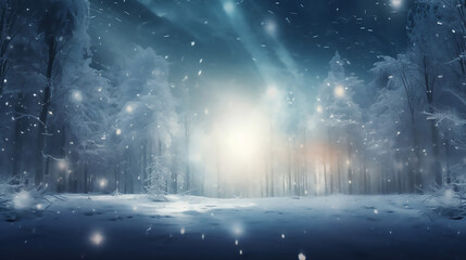 Beautiful Snowy Forest and Abstract Shiny Light Background