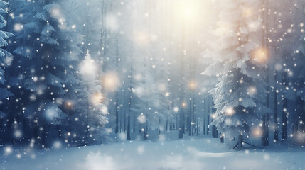 Fantastic Beautiful Snowy Forest and Abstract Shiny Light Backgr