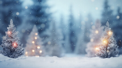 Fototapeta na wymiar Amazing Christmas Blurred Background Xmas Trees with Snow