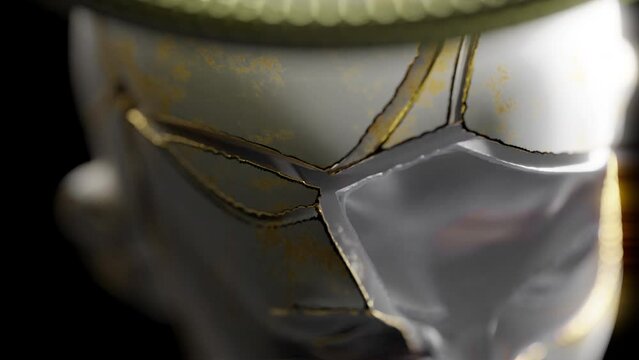 Broken human face sculpture in a 3D animation